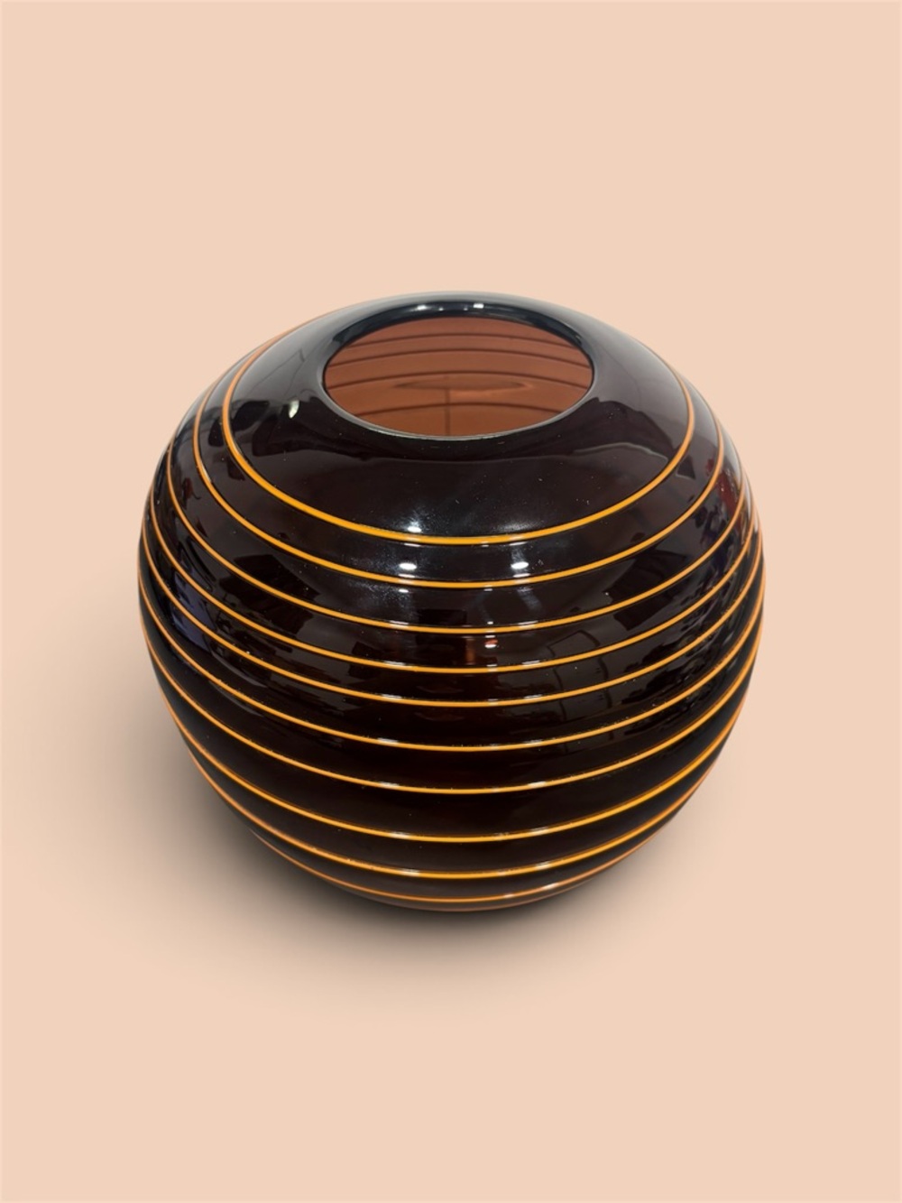Decorative Brown Glass Orb Vase with Amber Accent